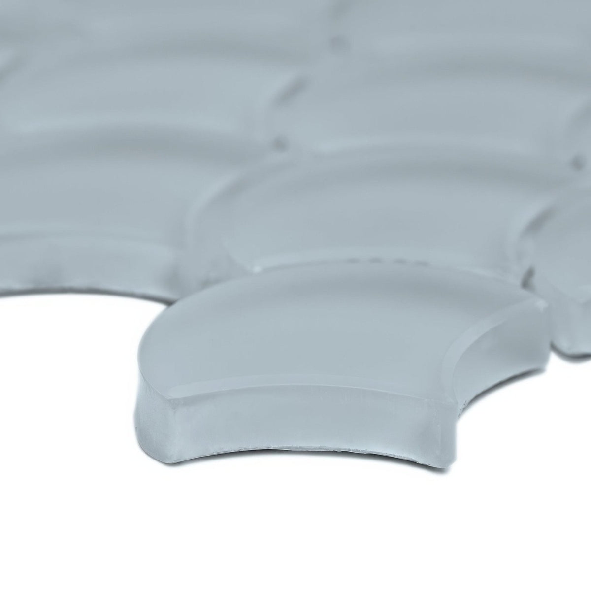 Translucent frosted glass mosaic tile in smooth curved shapes featuring aurora fan grey color for wall decor