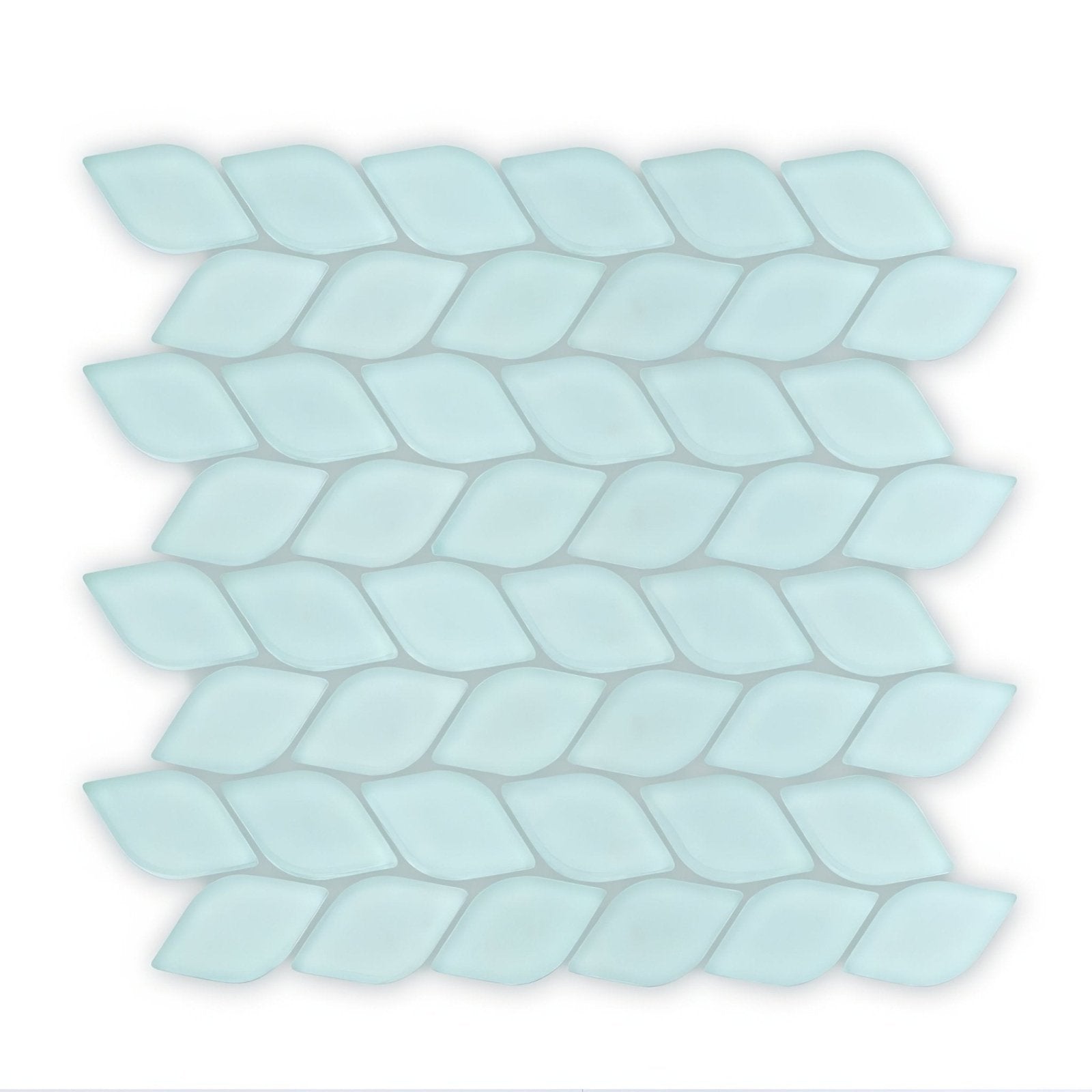 Light blue glossy glass mosaic tile with woven leaf pattern from aurora leaf green mosaic collection