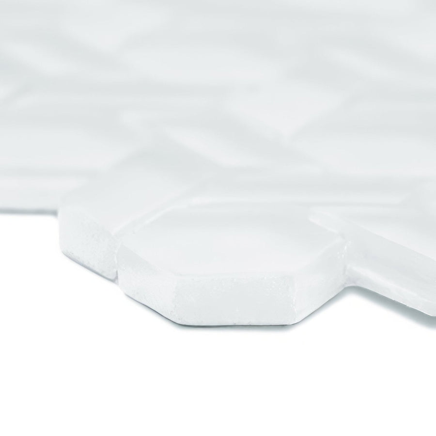 Aurora woven white mosaic tile with glossy hexagonal shapes and subtle textured surface for wall or floor use