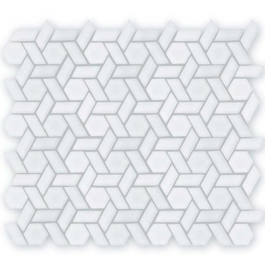 Aurora woven white mosaic tile featuring a white geometric mosaic with interlocking hexagonal and rectangular shapes