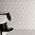 Aurora Woven White Mosaic white geometric glass mosaic styled with a coffee maker