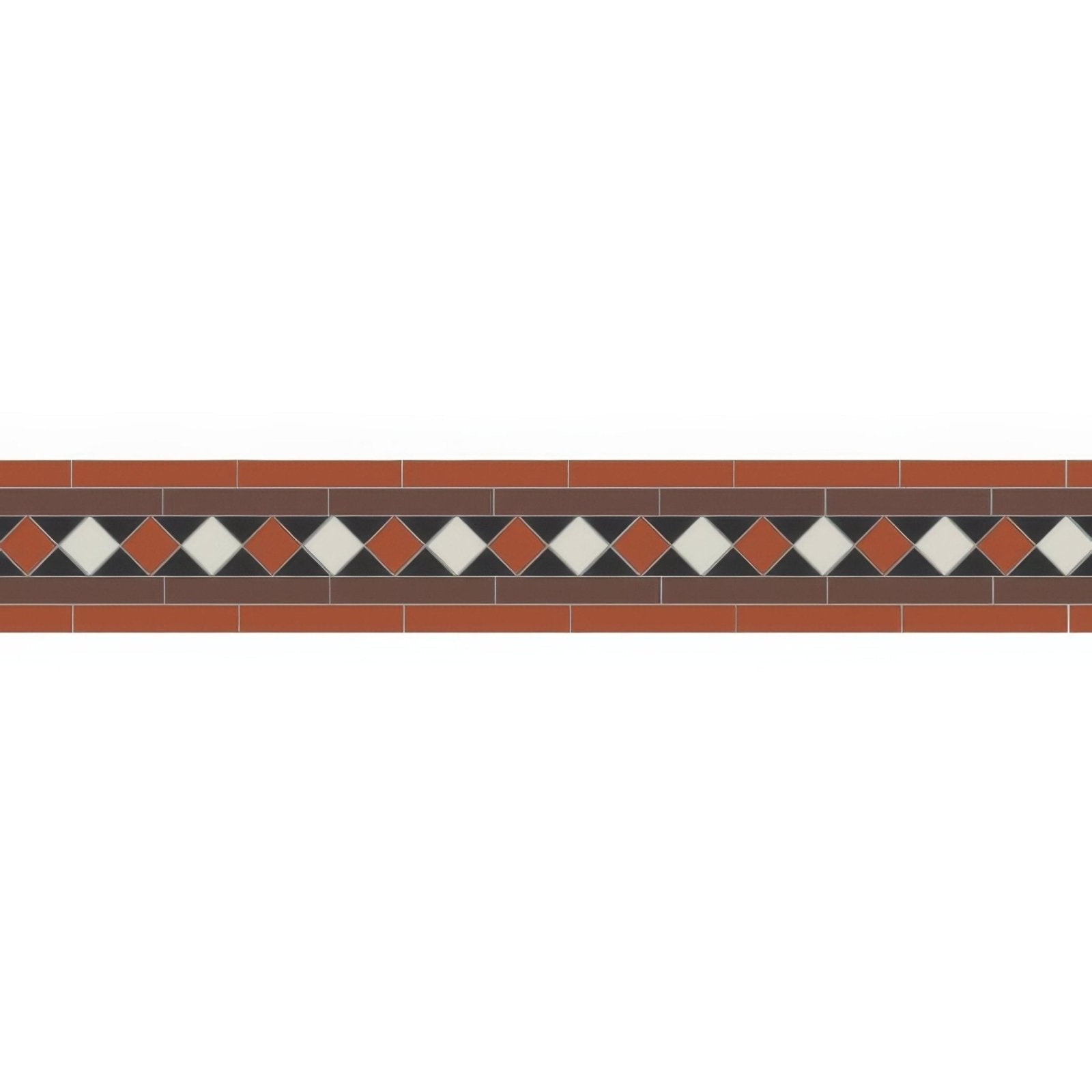 Terracotta and black diamond-patterned mosaic tile border from austen black brown red and dover white collection