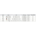Austen black red and white tile product table showing sizes and codes for black rectangular red rectangular black square and white triangular tiles