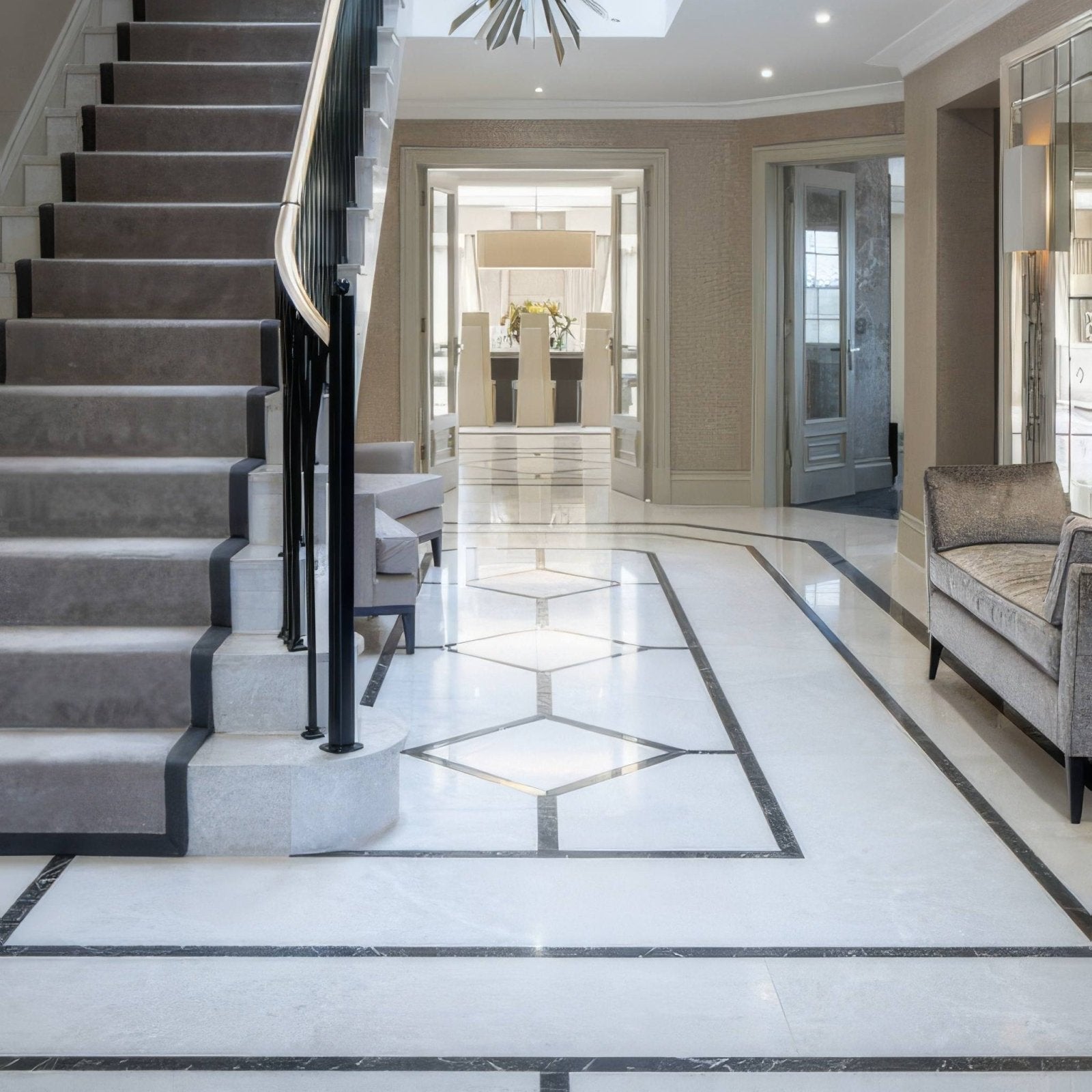 Elegant white marble floor tile with black geometric inlays and polished finish avante garde marble honed 45.7 x 45.7cm
