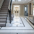 Elegant white marble floor tile with black geometric inlays and polished finish avante garde marble honed 45.7 x 45.7cm