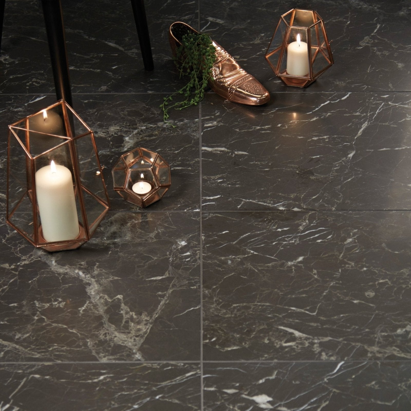 Avante garde marble honed floor tiles 45.7 x 45.7cm dark gray with white veining