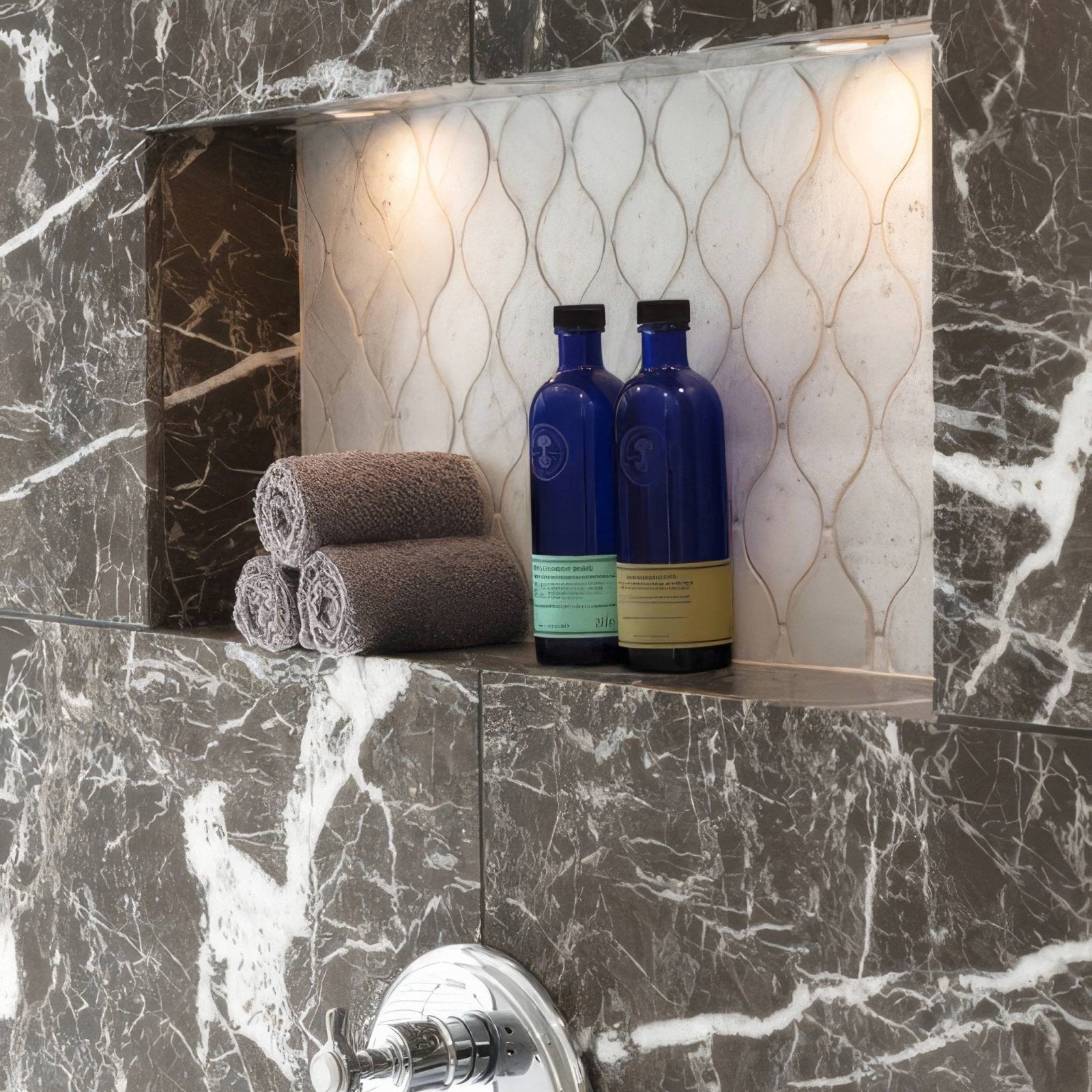 Avante Garde Marble Honed 45.7 x 45.7cm white marble tiles with black inlays