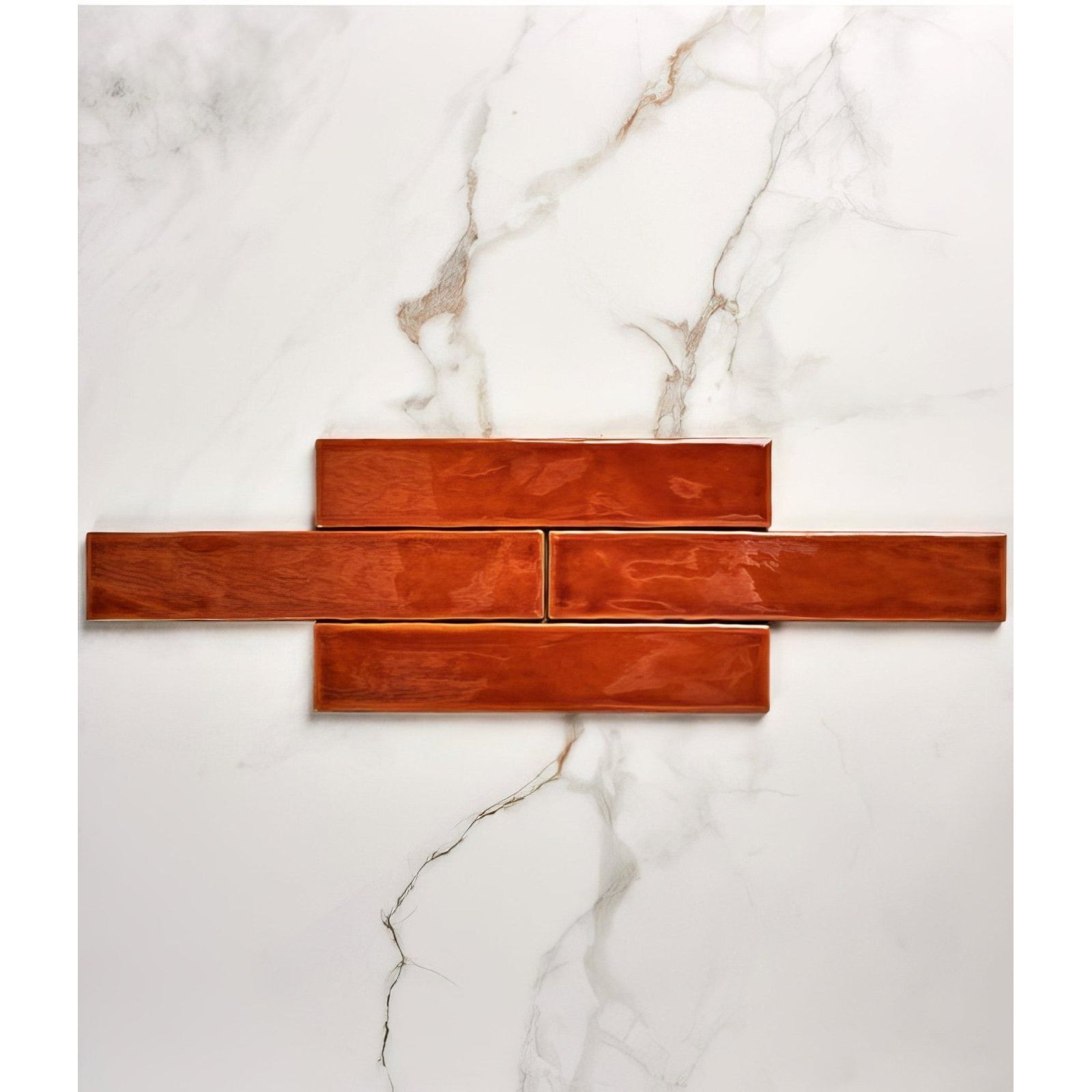 Avebury ceramic burnt caramel tiles with rich glossy terracotta finish arranged in overlapping brick pattern