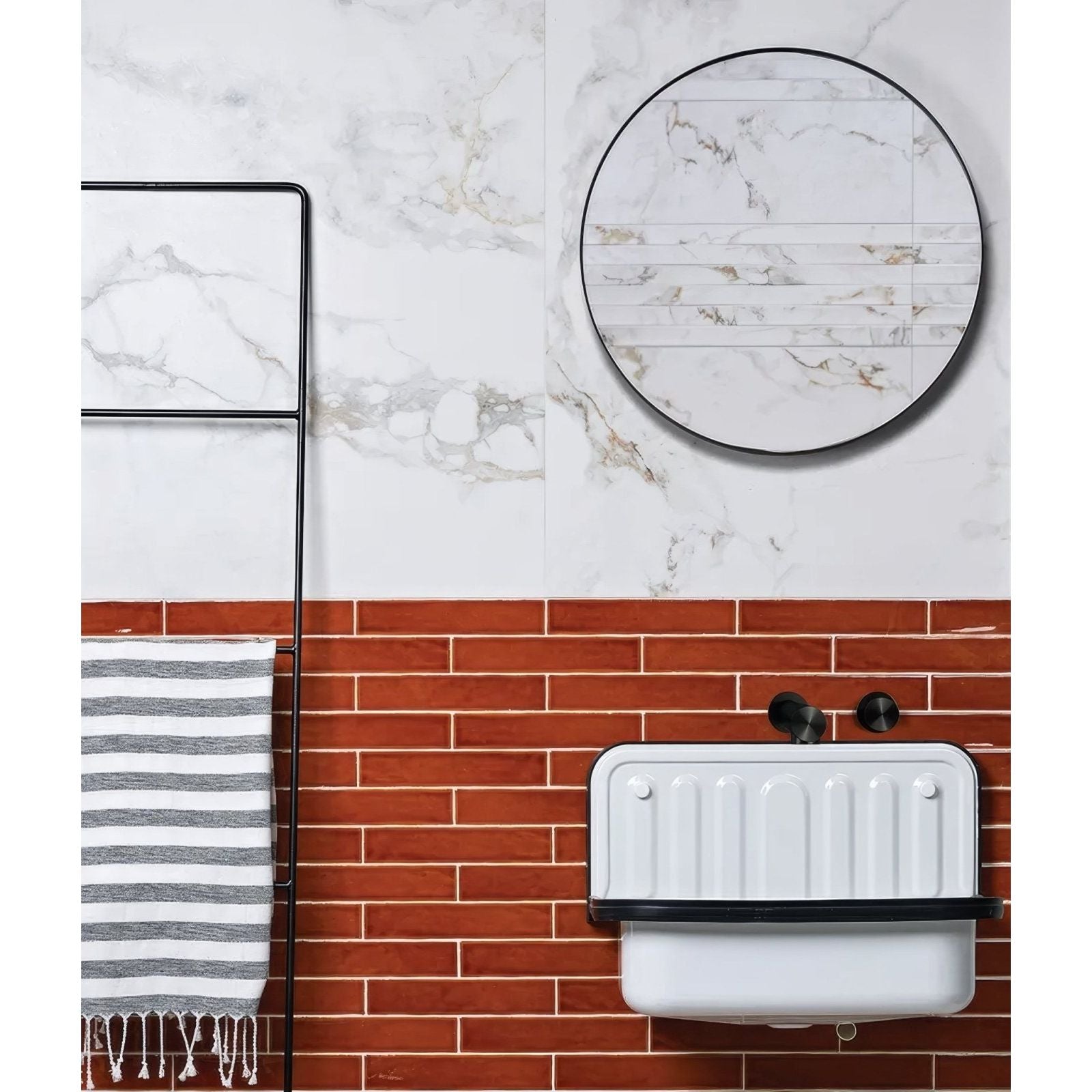 Avebury ceramic burnt caramel white enamel farmhouse sink with black accents and vertical ridges