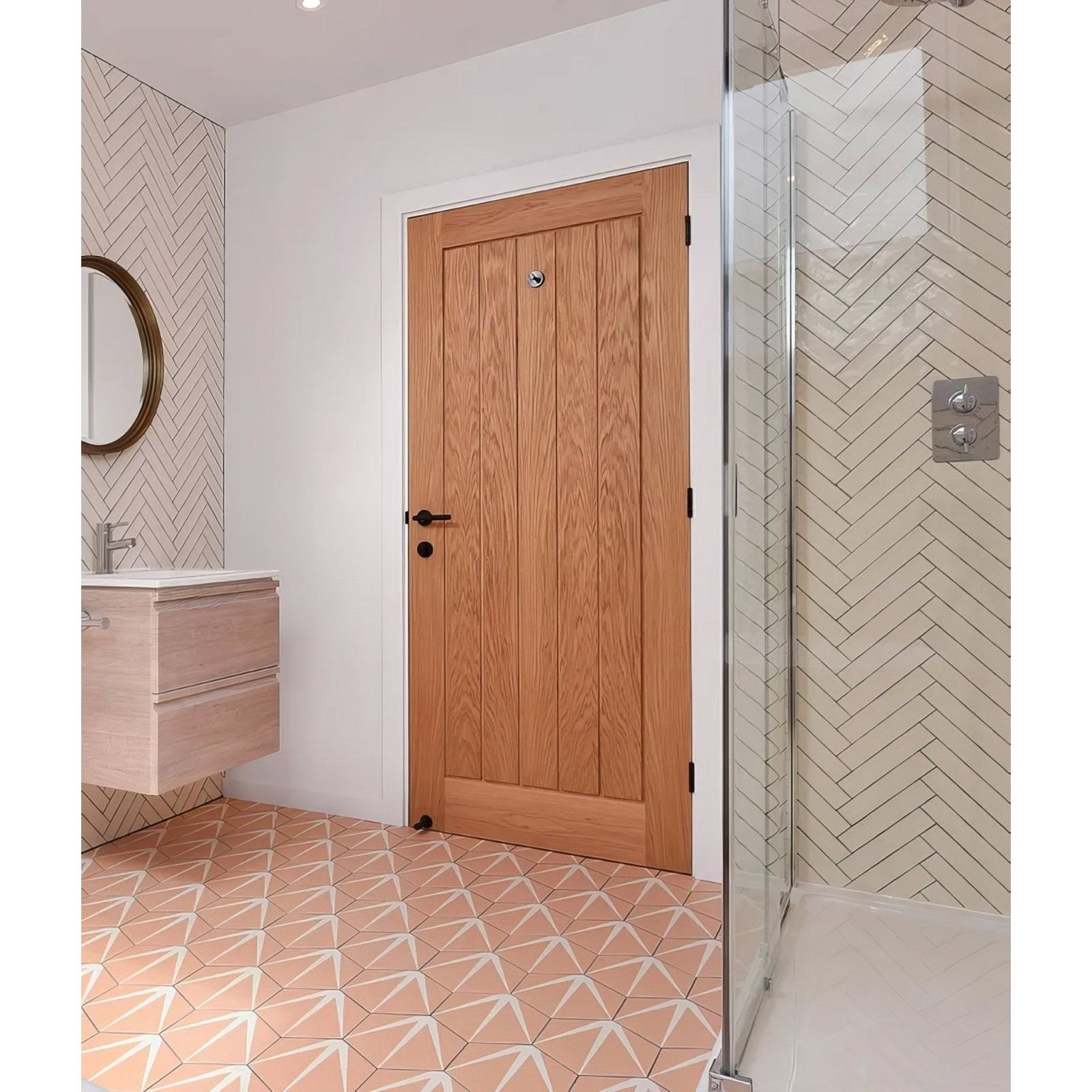 Avebury ceramic plaster featuring a light oak wooden door with vertical paneling and a black handle
