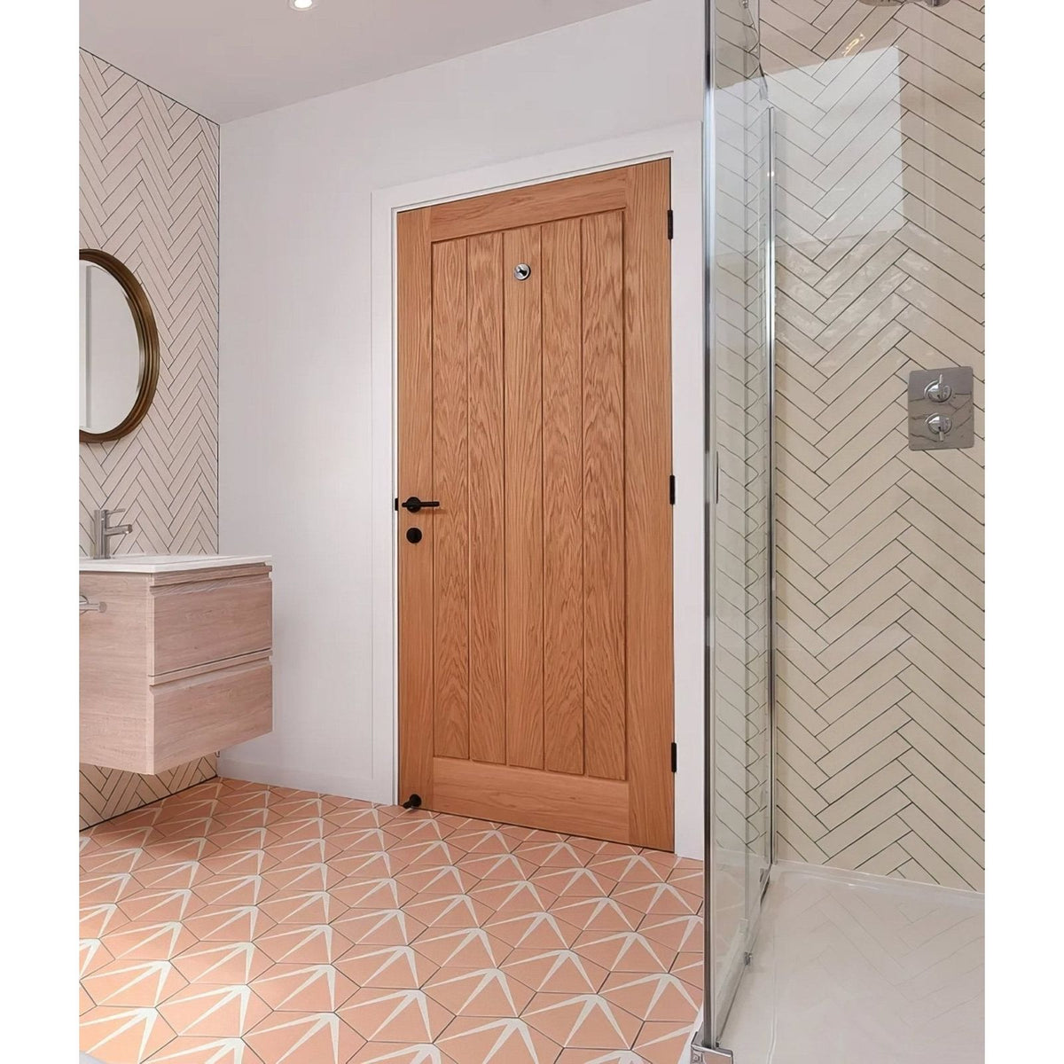Avebury ceramic plaster featuring a light oak wooden door with vertical paneling and a black handle