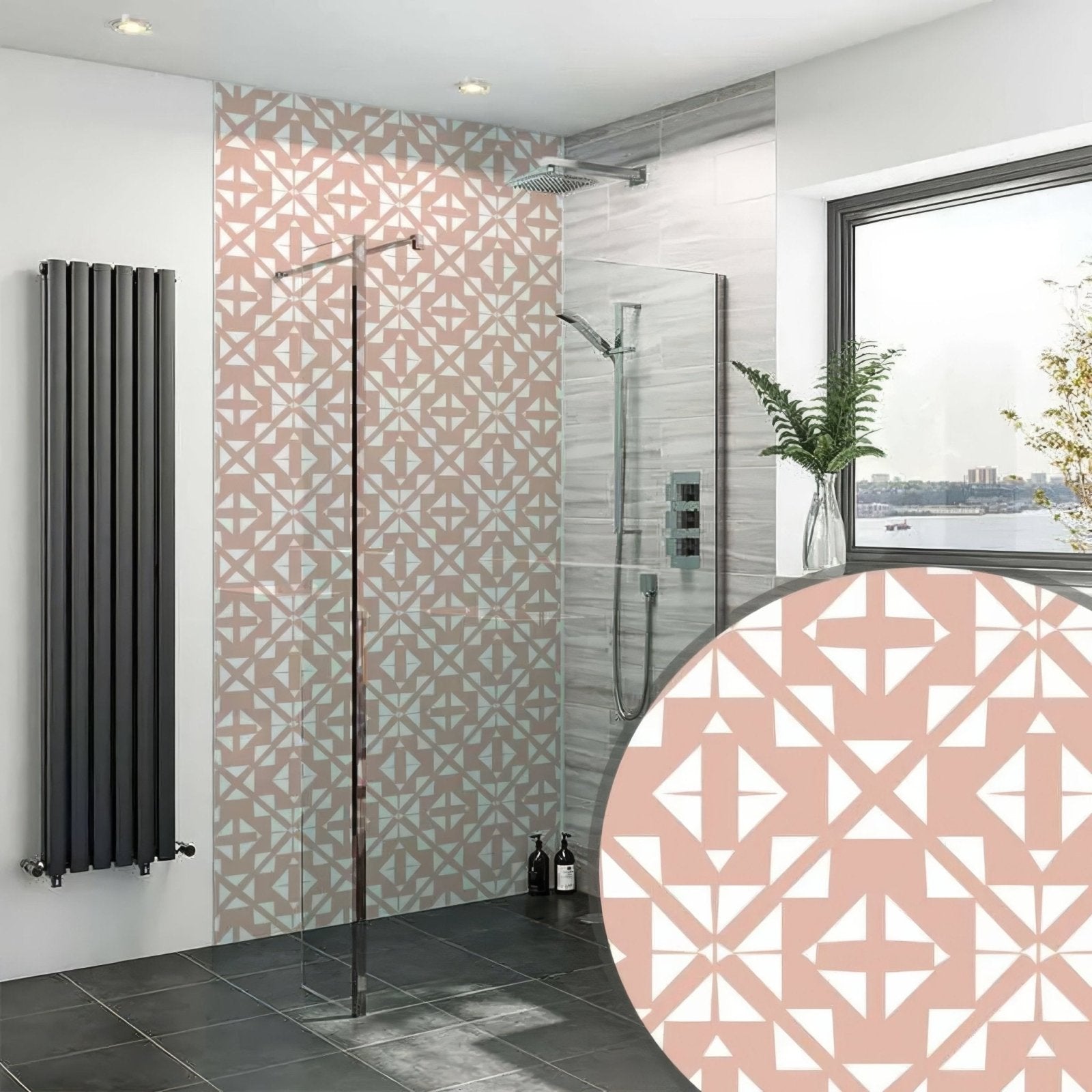 Aztec pink white shower panel with pink and white geometric patterned ceramic bathroom tiles for modern decor