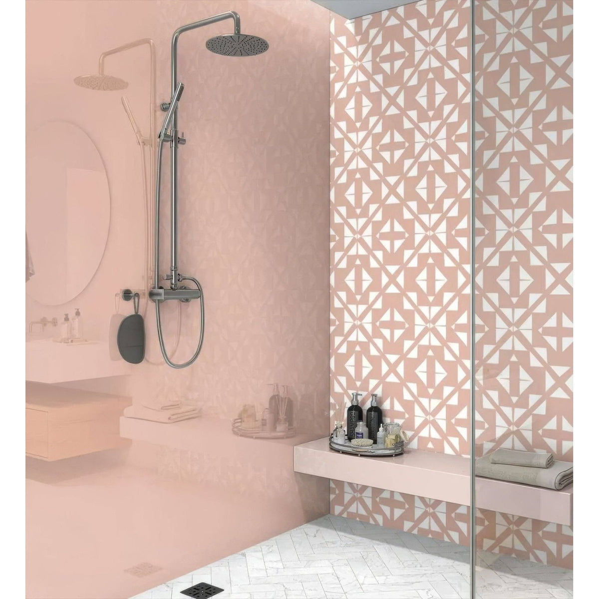 Aztec pink white shower panel with a sleek modern showerhead in polished chrome and a circular flat face