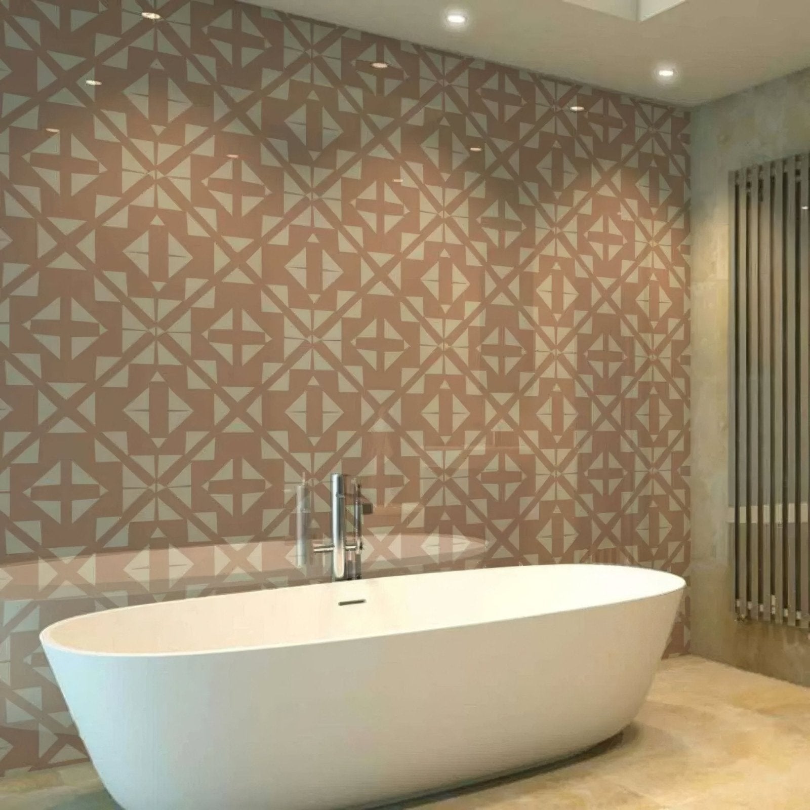 White freestanding bathtub with sleek modern design and chrome faucet featured with aztec pink white shower panel
