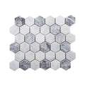 Full mesh-backed sheet of tumbled Carrara white and platinum grey marble hexagon mosaic