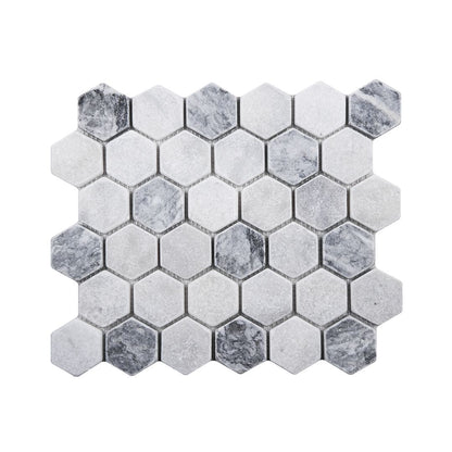 Carrara White - Platinum Grey Tumbled Marble 48mm Hexagon Mosaic Wall & Floor Tile - thumbnail 3