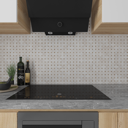 Close detail of the woven bar-and-square pattern and fossil shell flecks in honed Shellstone limestone