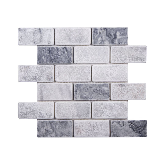 Carrara White - Platinum Grey Tumbled Marble Brick Mosaic Wall & Floor Tile
