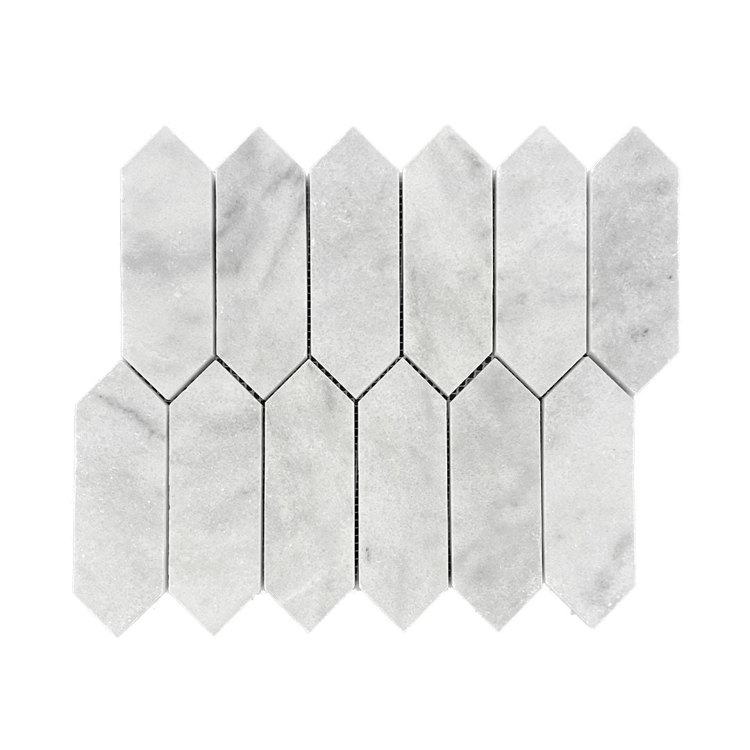 Honed Carrara white marble picket mosaic sheet with long pointed pieces and fine grey veining