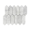 Honed Carrara white marble picket mosaic sheet with long pointed pieces and fine grey veining