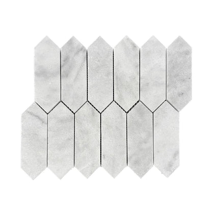 Honed Carrara white marble picket mosaic sheet with long pointed pieces and fine grey veining
