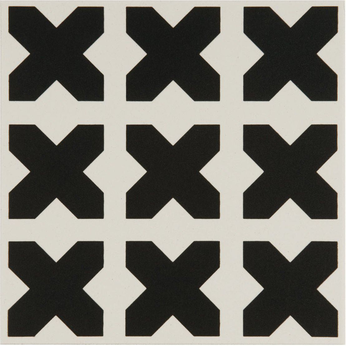 Black x-shaped geometric pattern tiles in babylonian black on dover white background arranged in grid design