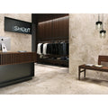 Modern minimalist clothing store interior featuring baltimore 1816 caramel matt wooden reception desk and marble walls