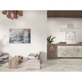 Modern wooden Baltimore 1816 grey matt reception desk with textured stone countertop and minimalist metal logo plaque