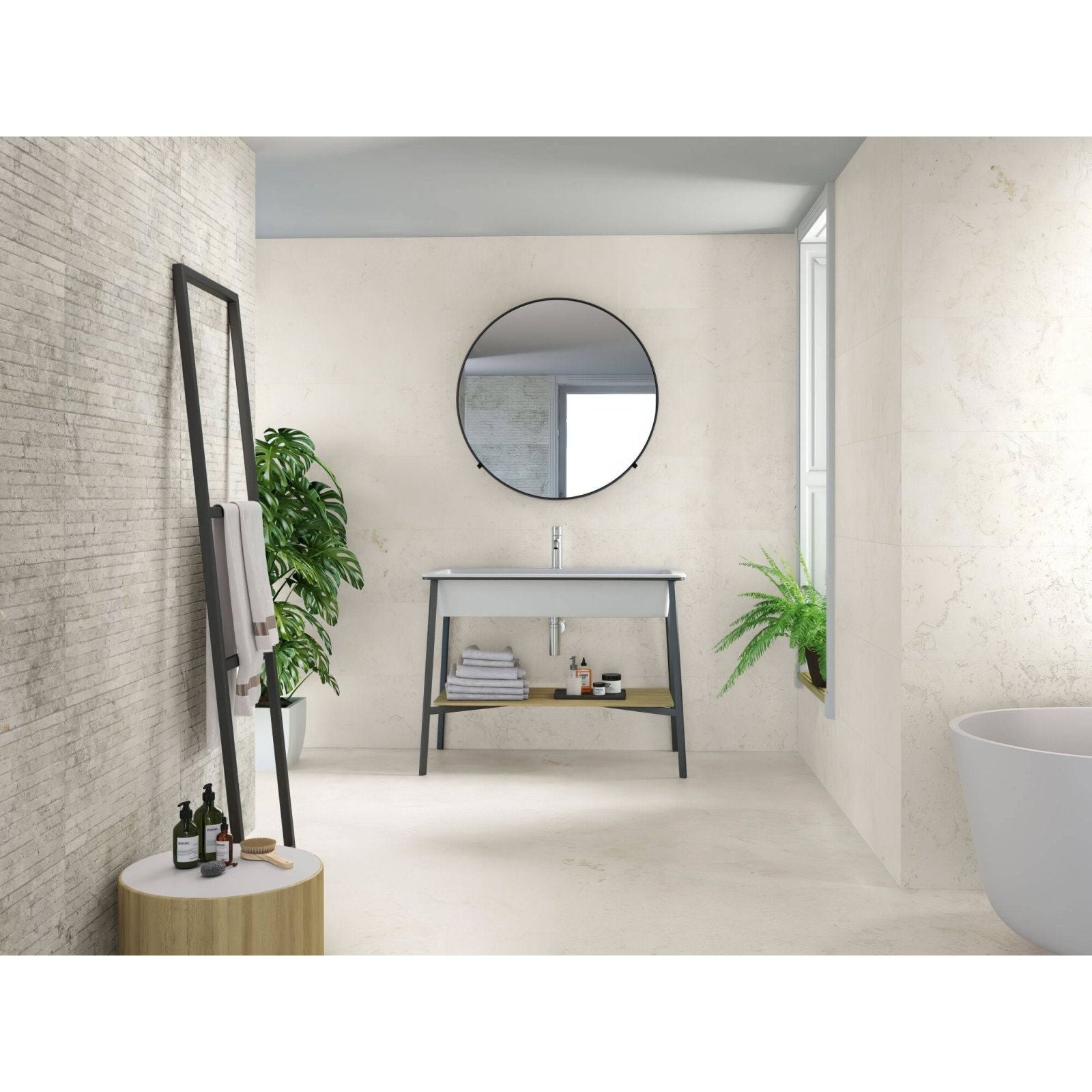 Round black-framed mirror above baltimore 1816 white matt minimalist vanity with metal legs