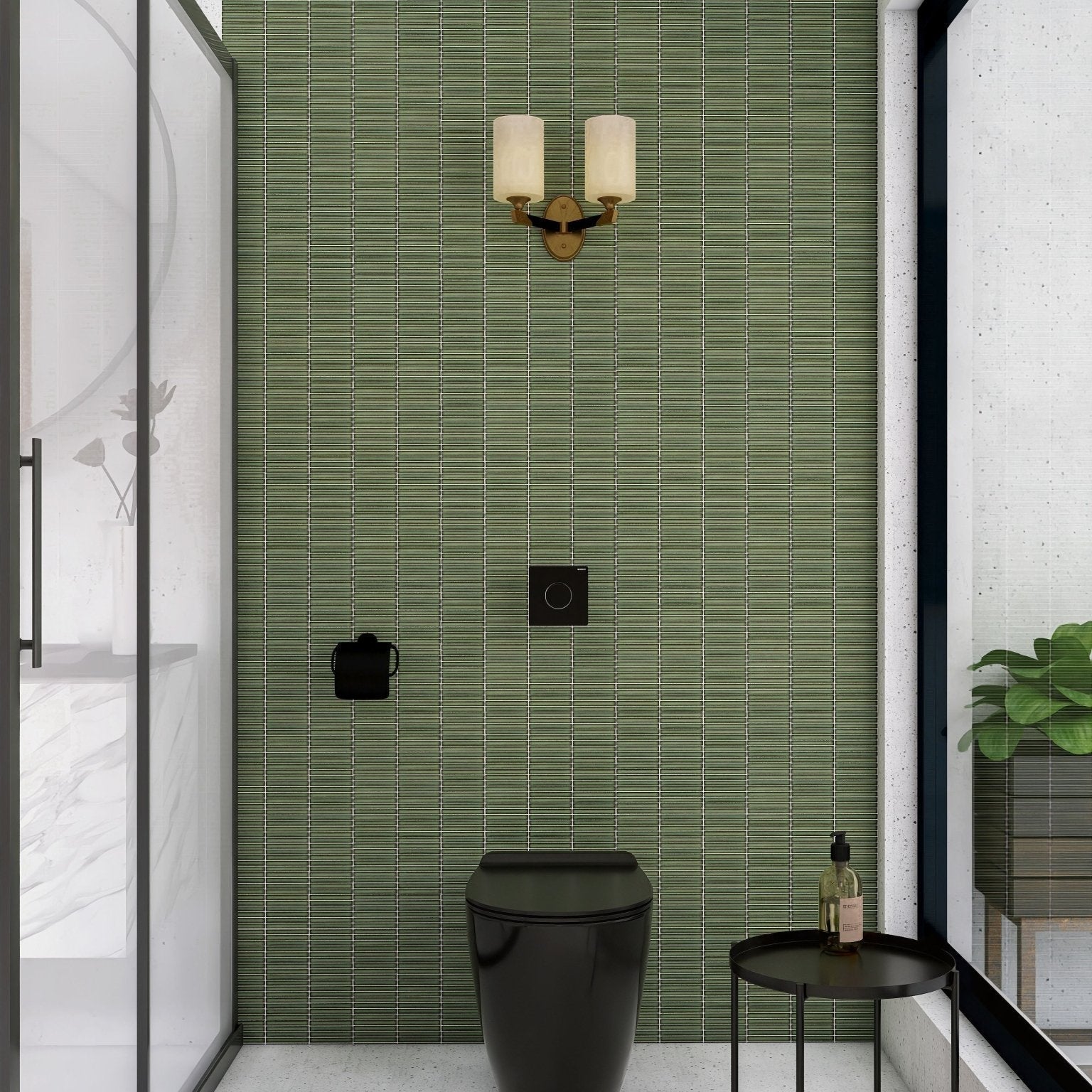 Black ceramic toilet with sleek modern design and glossy finish featured in bamboo lustre porcelain mosaic avocado product