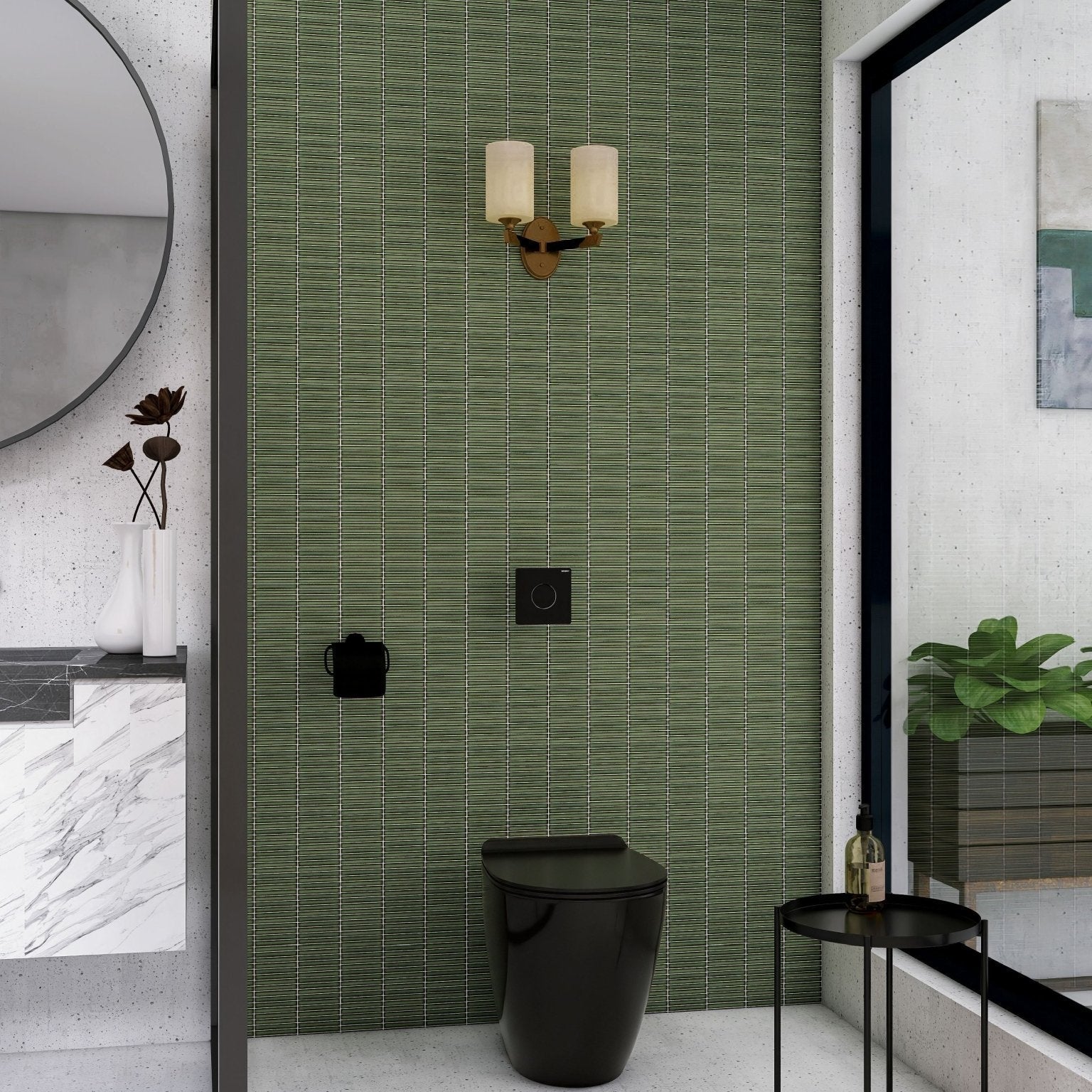 Black toilet with sleek modern design made of bamboo lustre porcelain mosaic avocado material