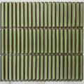 Green rectangular bamboo lustre porcelain mosaic tile with metallic sheen and vertical ridged texture in avocado color