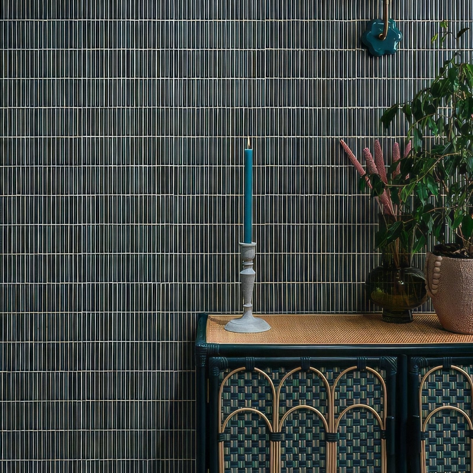 Bamboo Lustre Porcelain Mosaic Teal teal ribbed porcelain mosaic styled with a blue candle in a ceramic holder