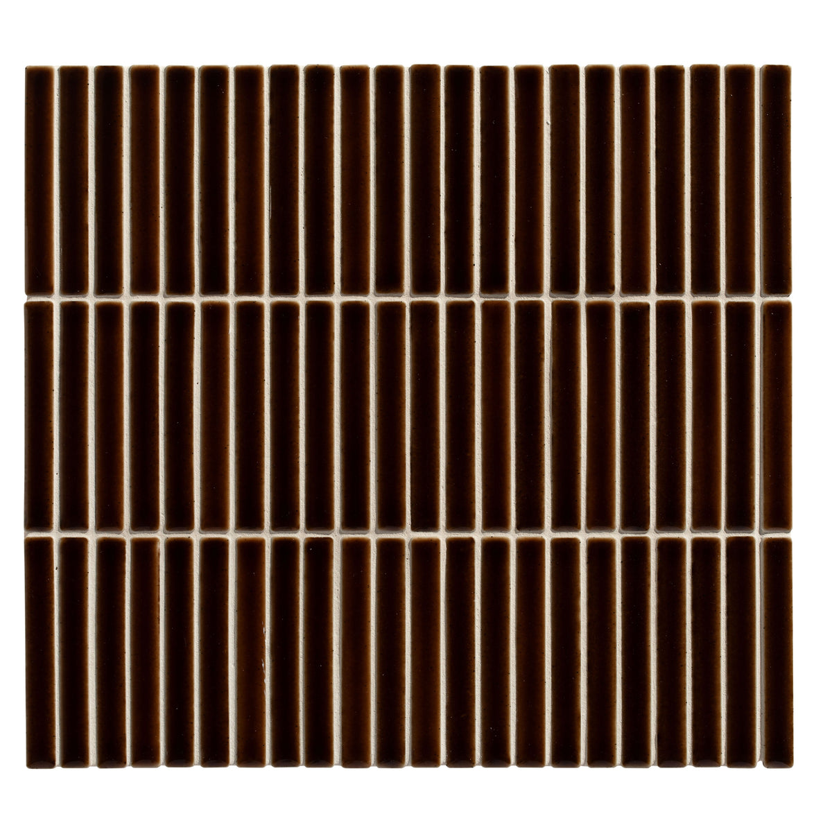 Dark brown rectangular ceramic bamboo porcelain mosaic caramel tiles arranged in vertical rows with light beige grout lines