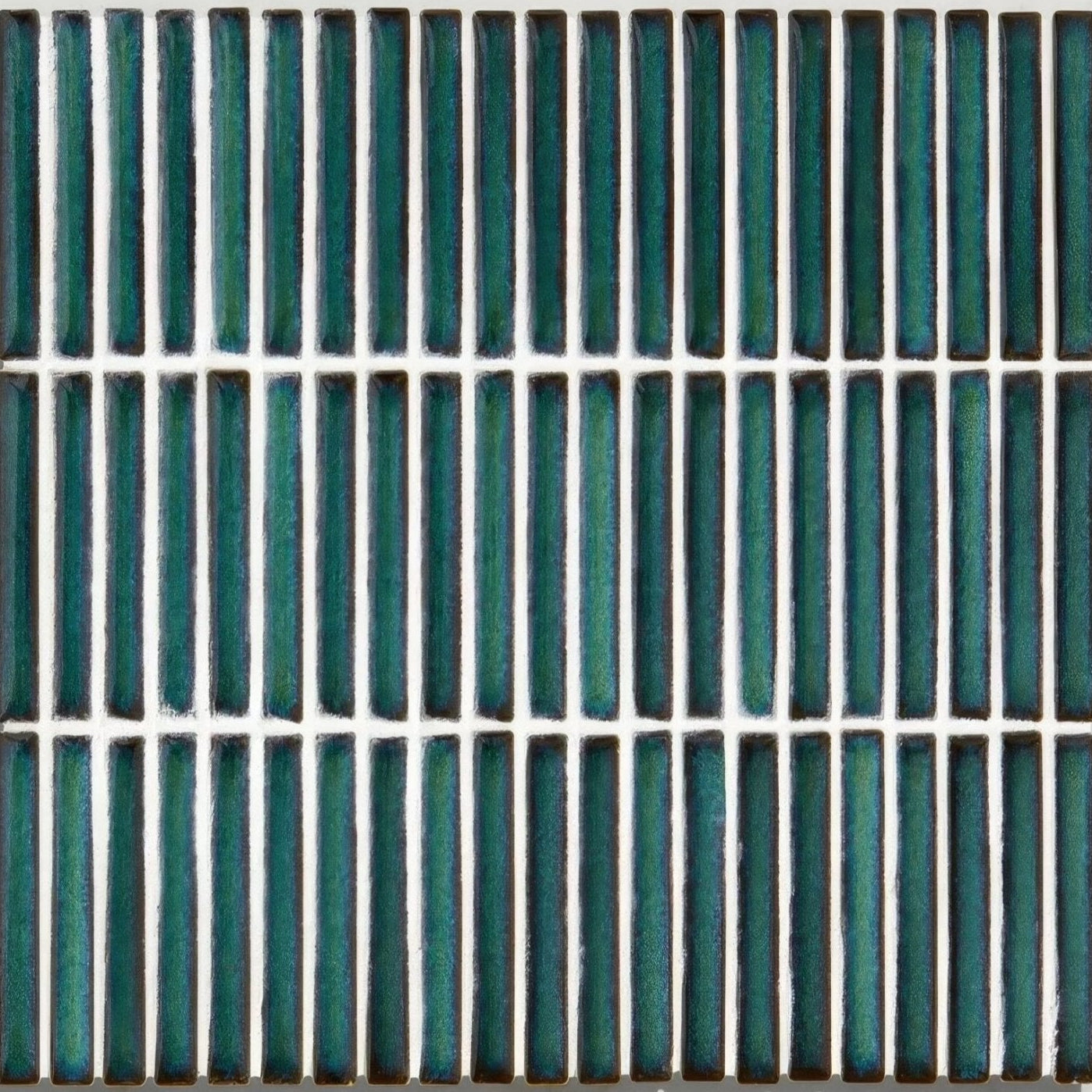 Teal green rectangular bamboo porcelain mosaic tile with glossy glazed finish and white grout lines