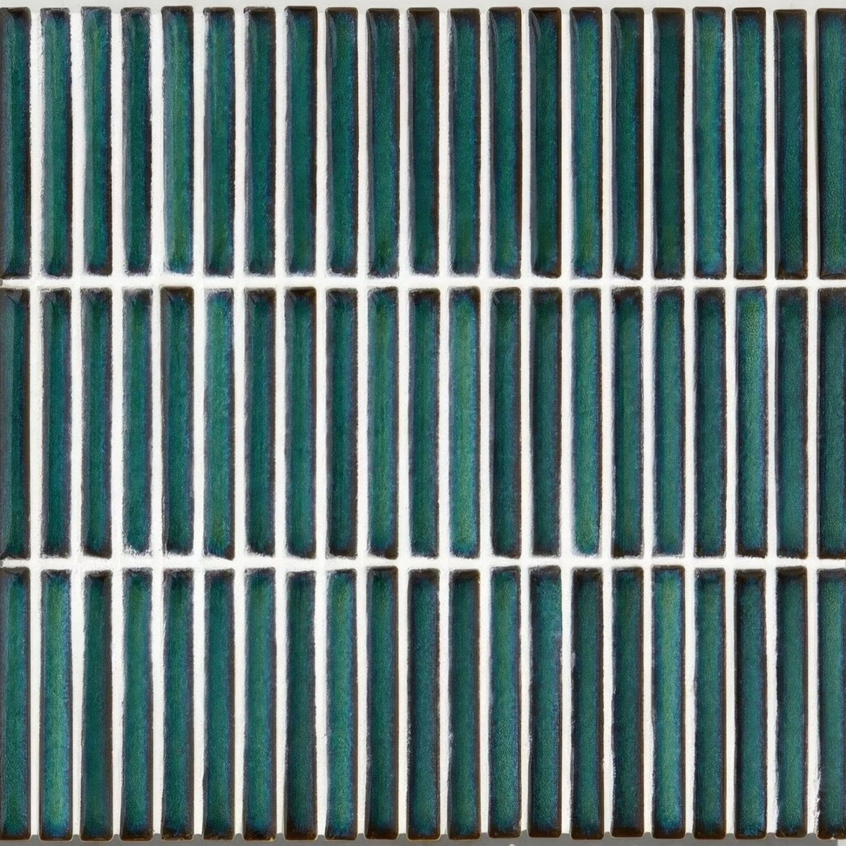 Teal green rectangular bamboo porcelain mosaic tile with glossy glazed finish and white grout lines