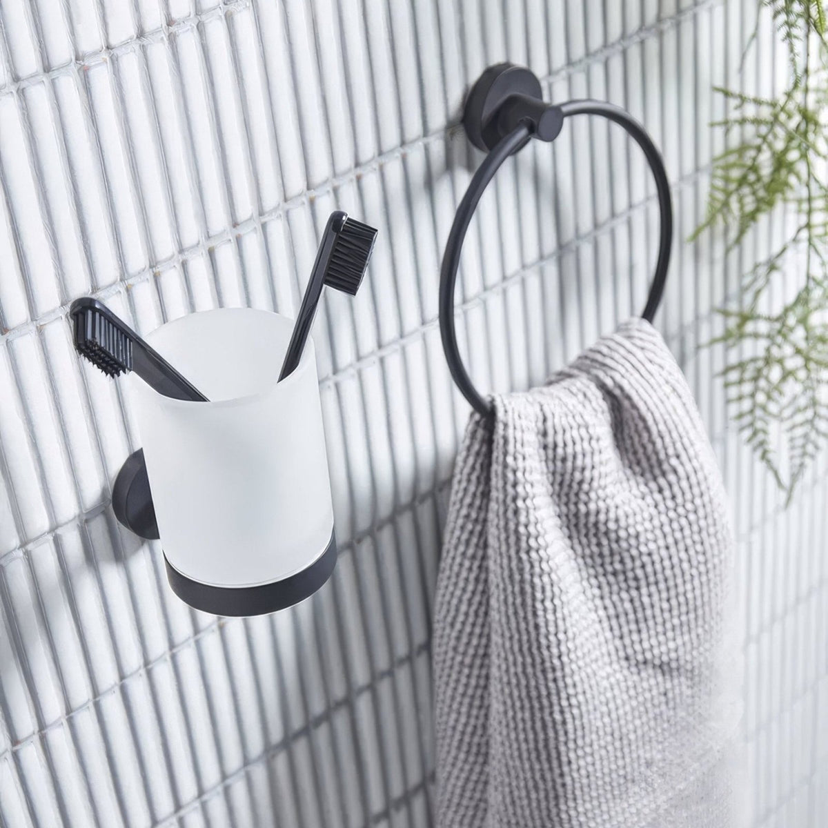 Bamboo Porcelain Mosaic White white ribbed porcelain mosaic with a frosted glass toothbrush holder