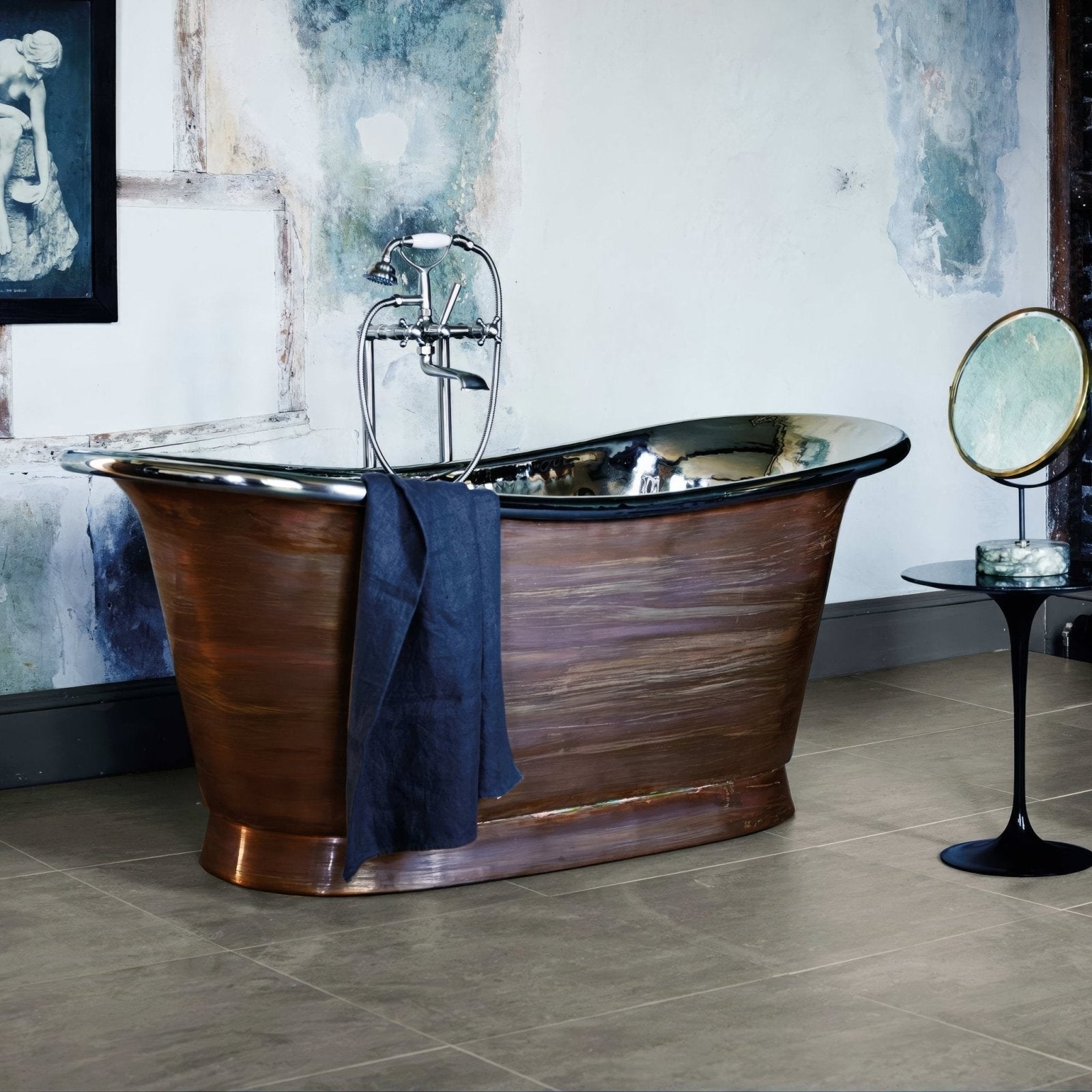 Barbican Moor Lane 60 x 60cm antique-style copper bathtub with polished chrome interior and rustic patina finish