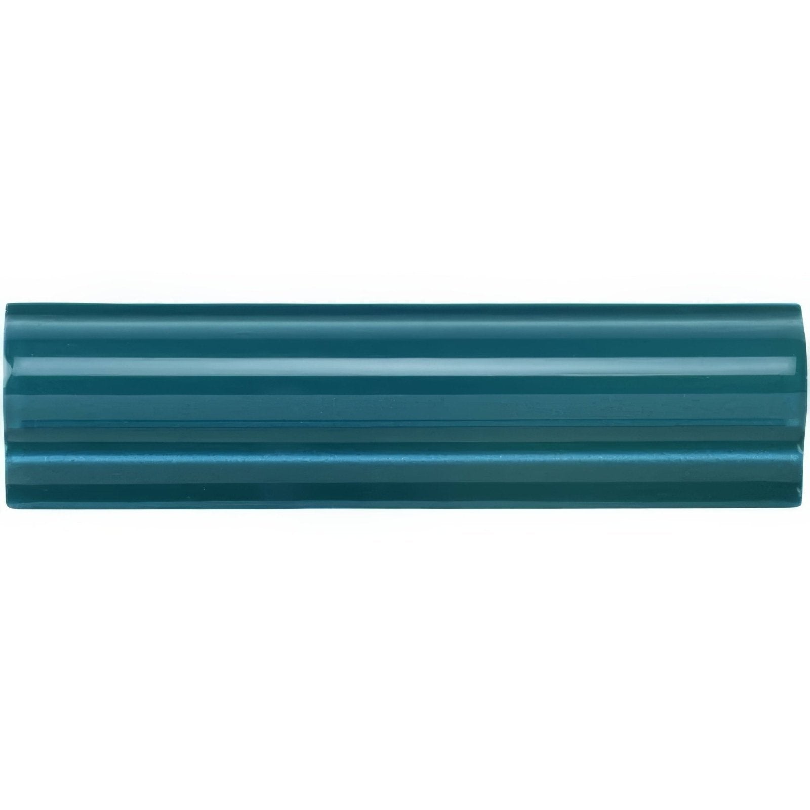 Teal ceramic baroque blue albert moulding tile with glossy finish and three horizontal ridges