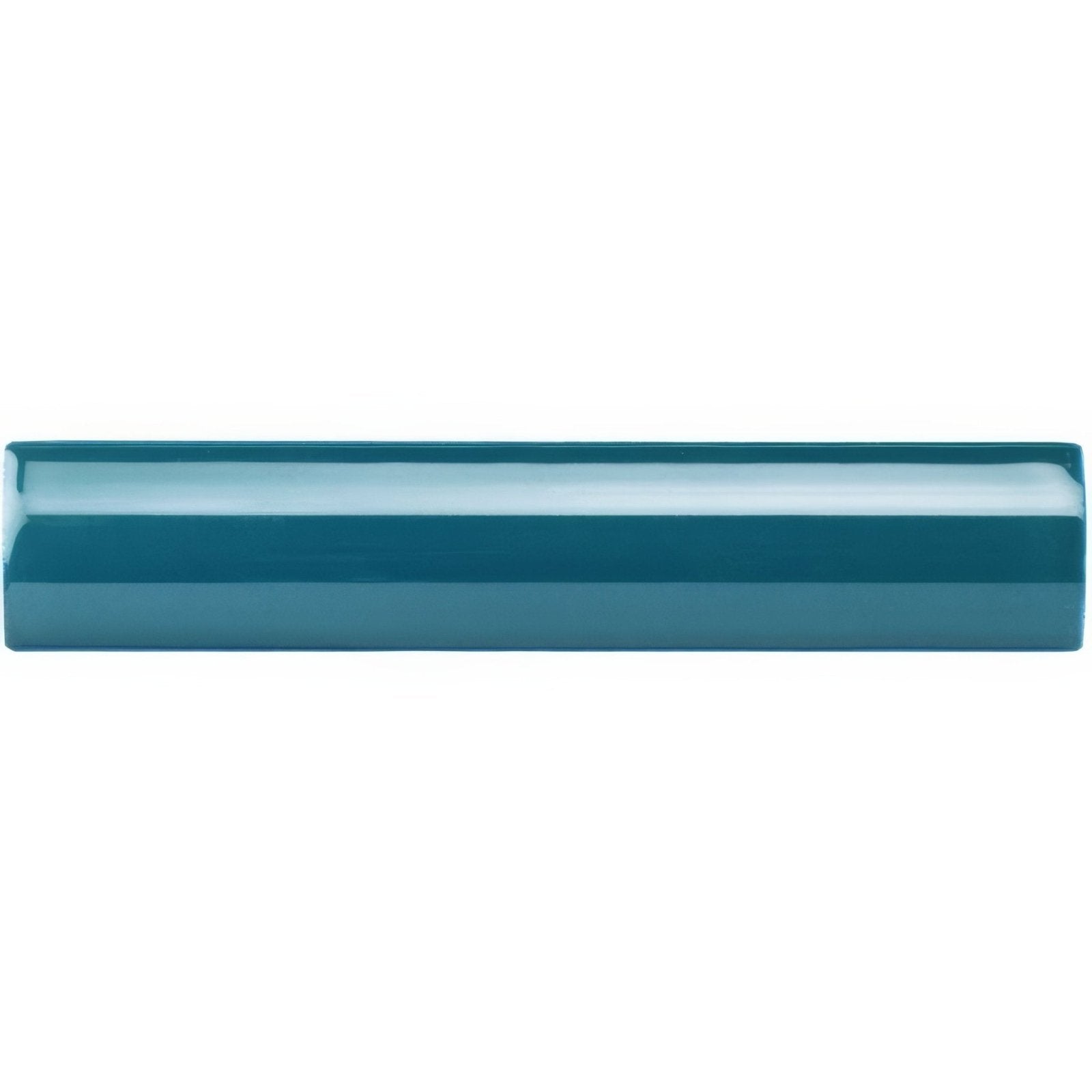 A sleek glossy teal rectangular ceramic external corner trim tile with a smooth polished surface and subtle reflective highlights
