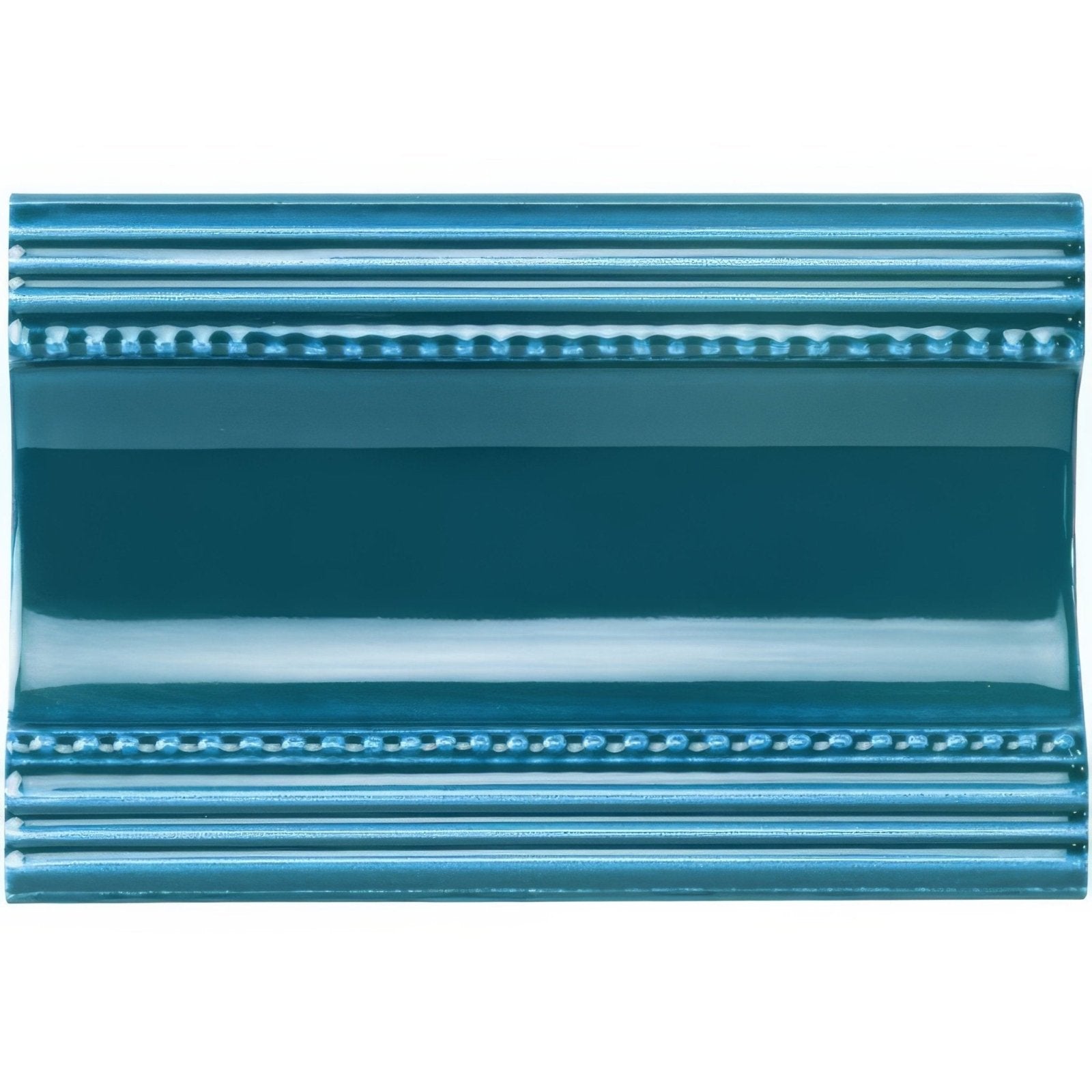 Baroque blue plain cornice teal glazed ceramic tile with glossy finish and decorative beaded and reeded border details
