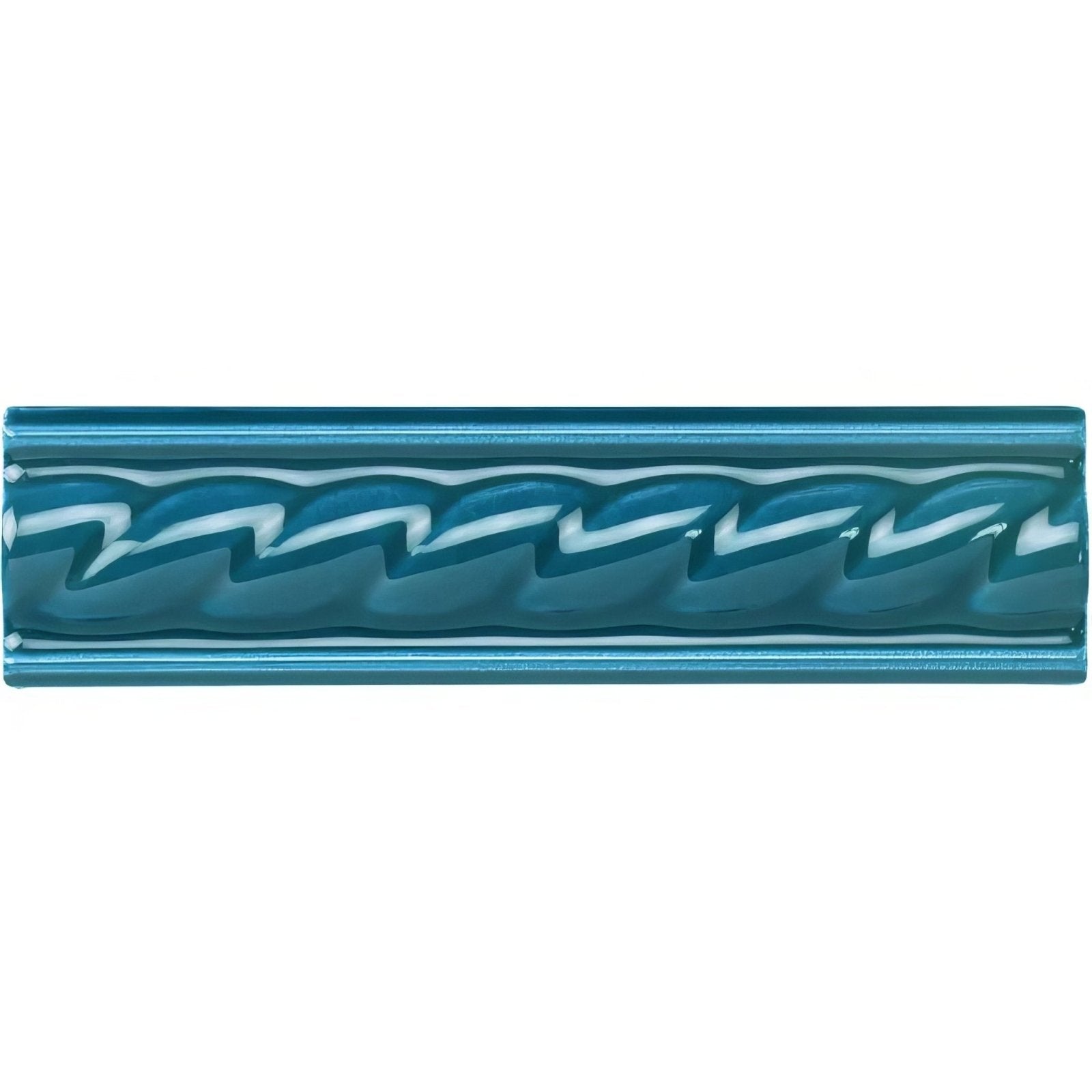 Teal ceramic baroque blue rope moulding tile with a glossy finish and raised wavy pattern