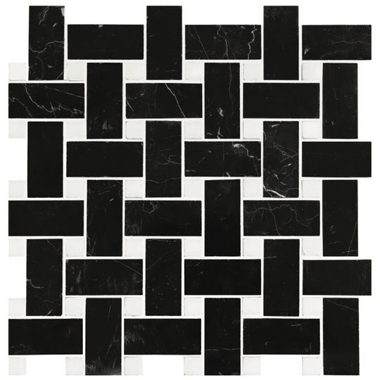Basketweave (Black with White dot) Polished Marble Mosaic - alternate view