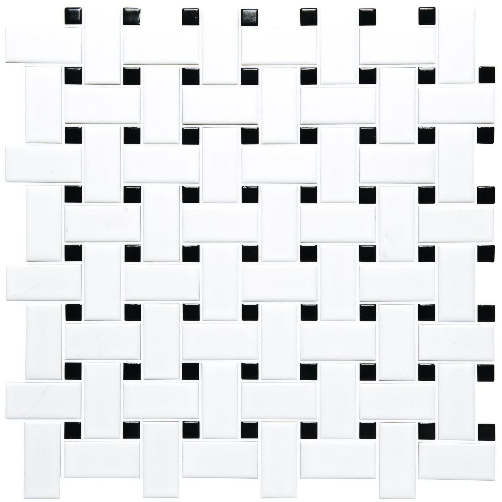 Basketweave floor mosaic with white and black woven tile mosaic and glossy finish for stylish flooring designs