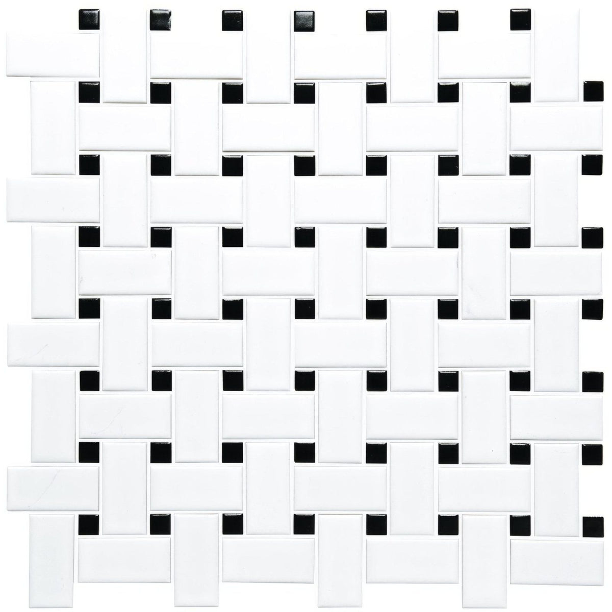 Basketweave floor mosaic with white and black woven tile mosaic and glossy finish for stylish flooring designs