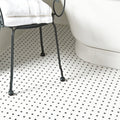 Basketweave Floor Mosaic white and black woven marble basketweave mosaic with a black metal chair and white towel