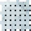 White marble mosaic tile with black square accents featuring a polished basketweave woven pattern