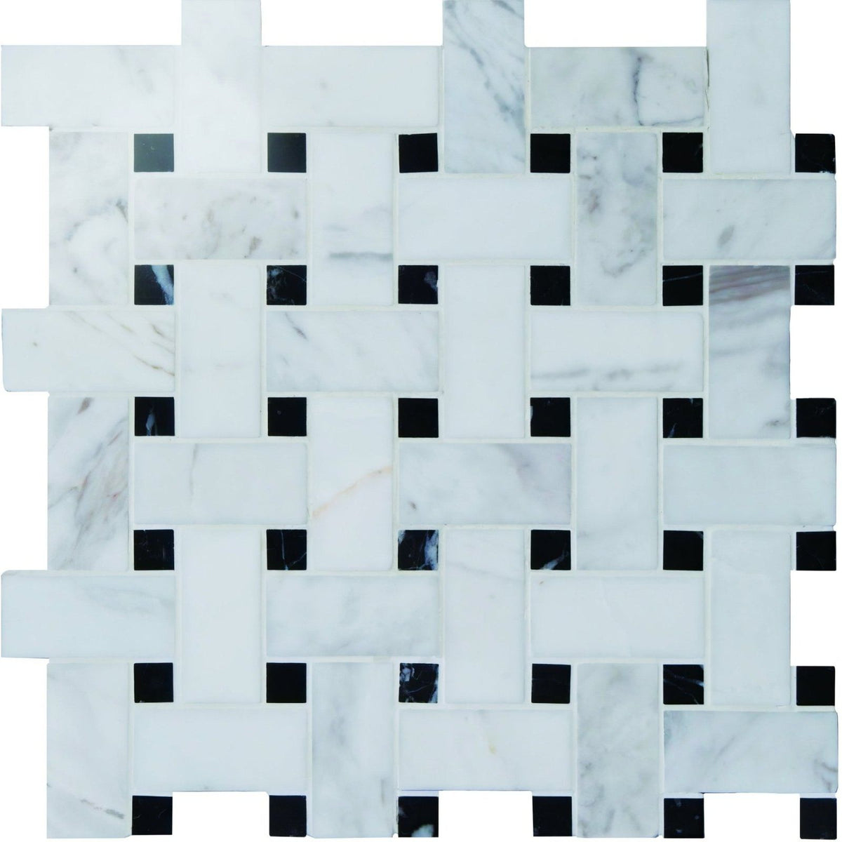White marble mosaic tile with black square accents featuring a polished basketweave woven pattern