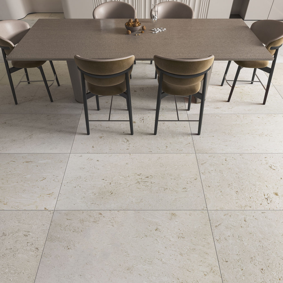 Shellstone brushed limestone 61 x 30.5cm plank shown in natural daylight