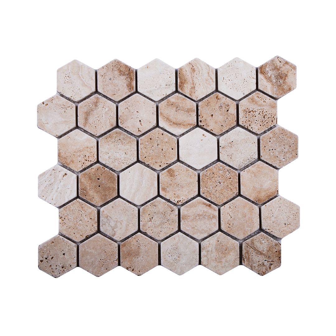 Valencia tumbled travertine hexagon mosaic sheet in even sandy beige with softened edges